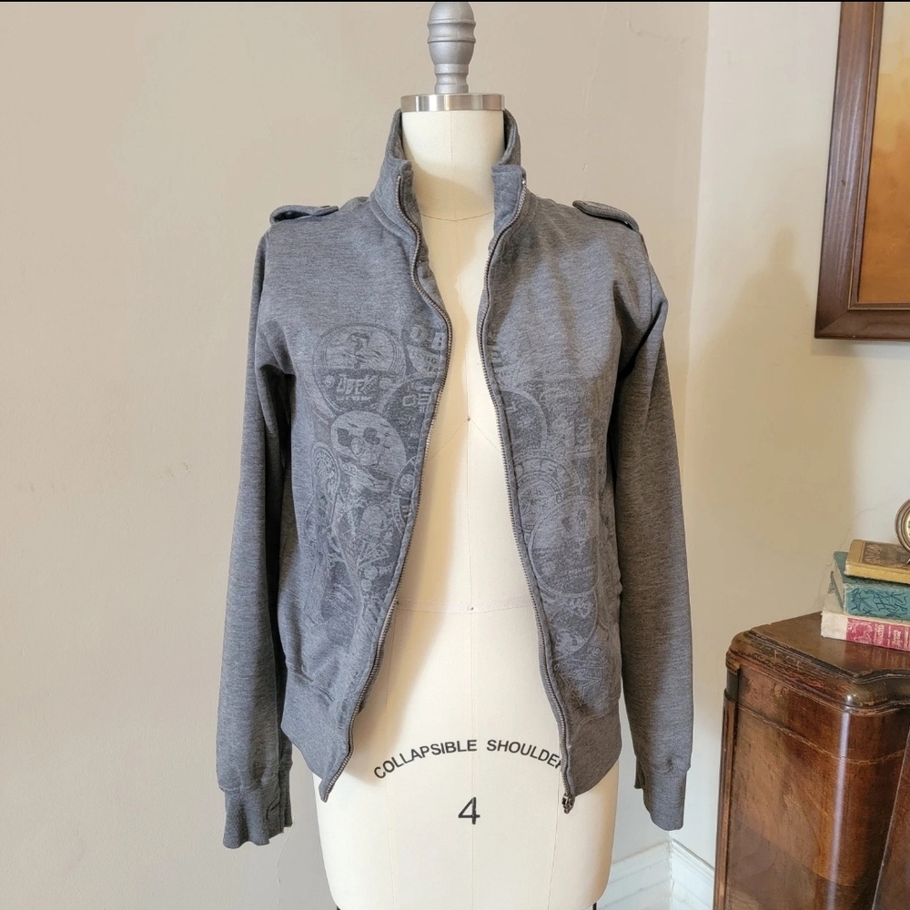 Obey Propaganda Retro Punk Gray Record Print Sweater Jacket Small